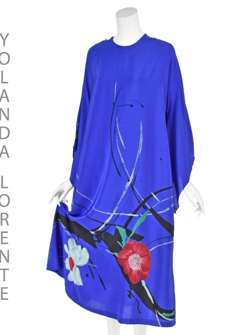 YOLANDA LORENTE (attr) Vintage Hand-Painted Cobalt Blue Silk Kaftan Dress SZ M/L